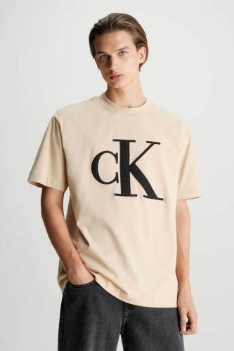 Calvin Klein ανδρικό T-shirt μονόχρωμο με monogram logo print Relaxed Fit - J30J325029 Μπεζ